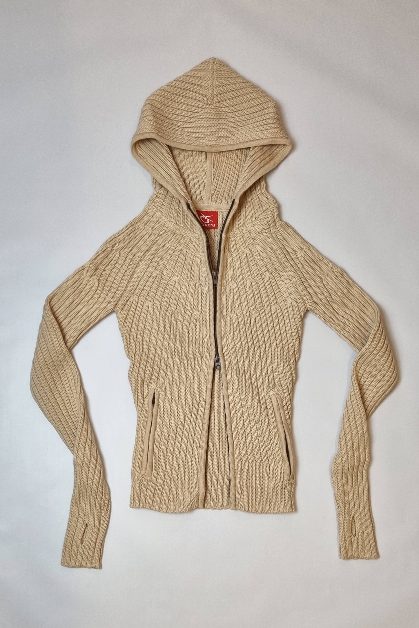 Ribbed knit 2-way zip hoodie- Sand