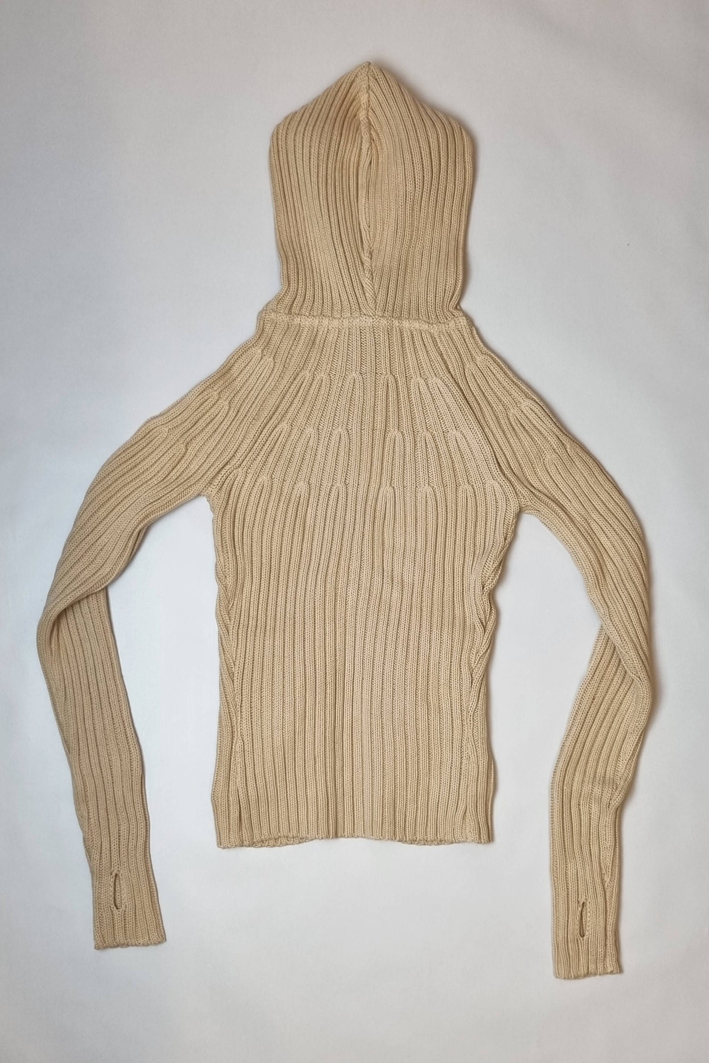 Ribbed knit 2-way zip hoodie- Sand
