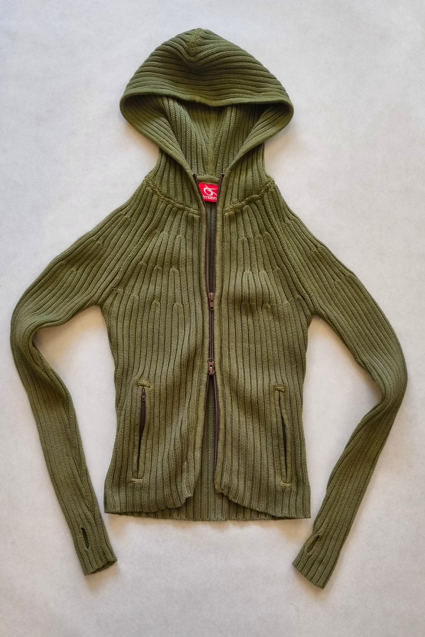 Ribbed knit 2-way zip hoodie- Olive green