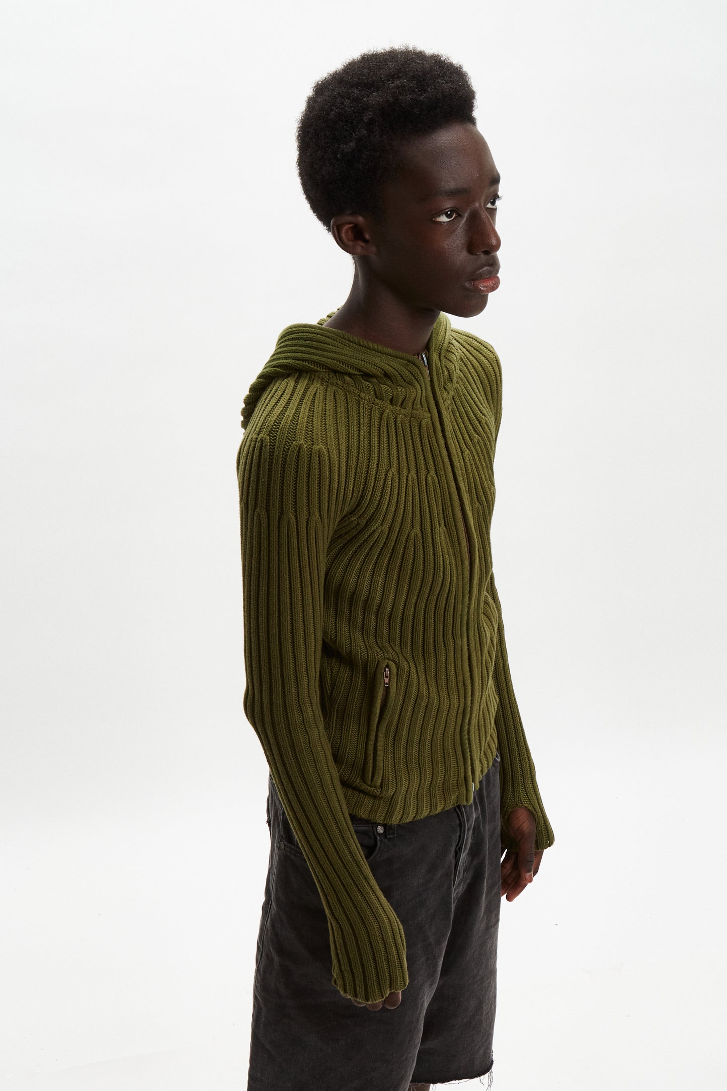 Ribbed knit 2-way zip hoodie- Olive green