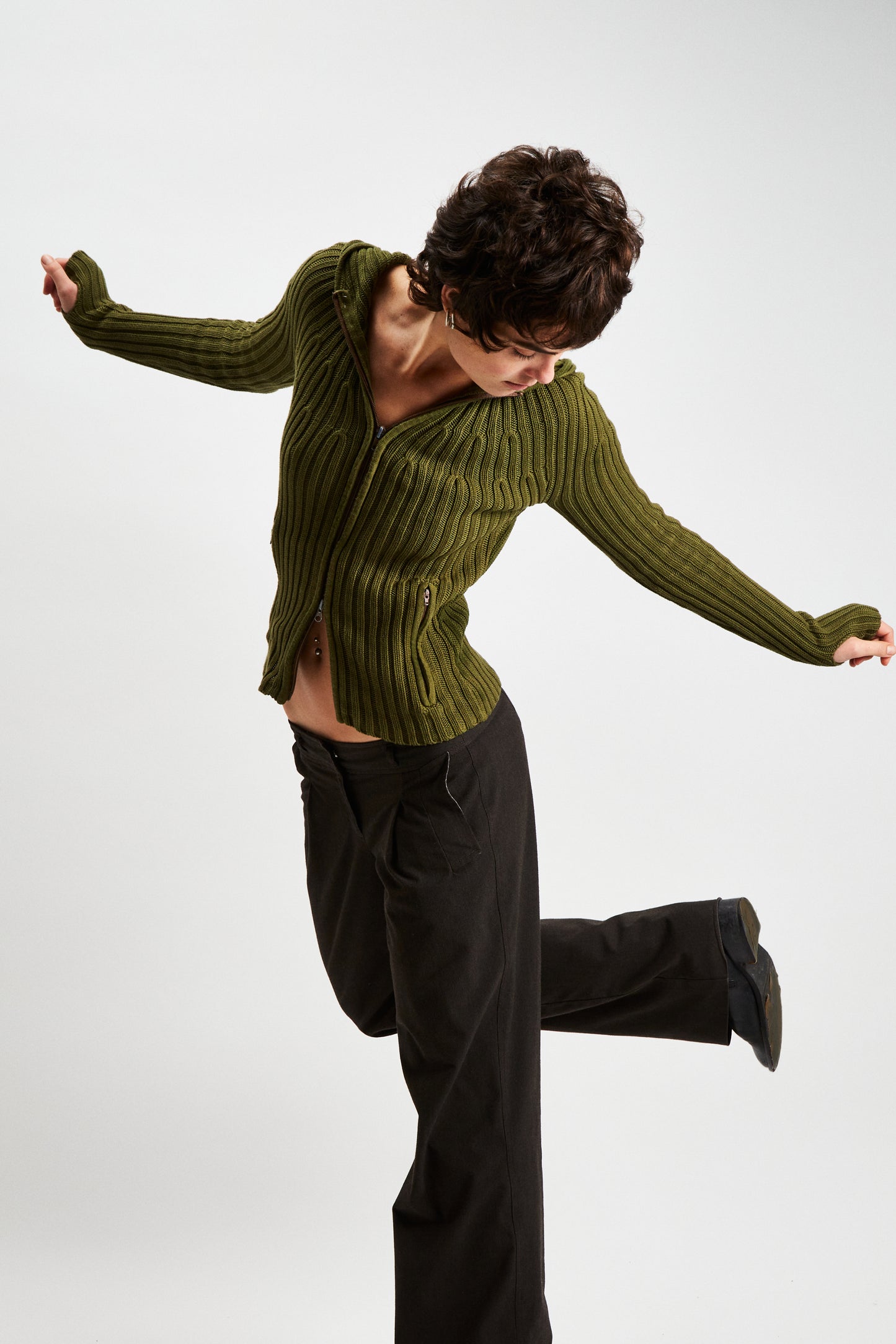 Ribbed knit 2-way zip hoodie- Olive green