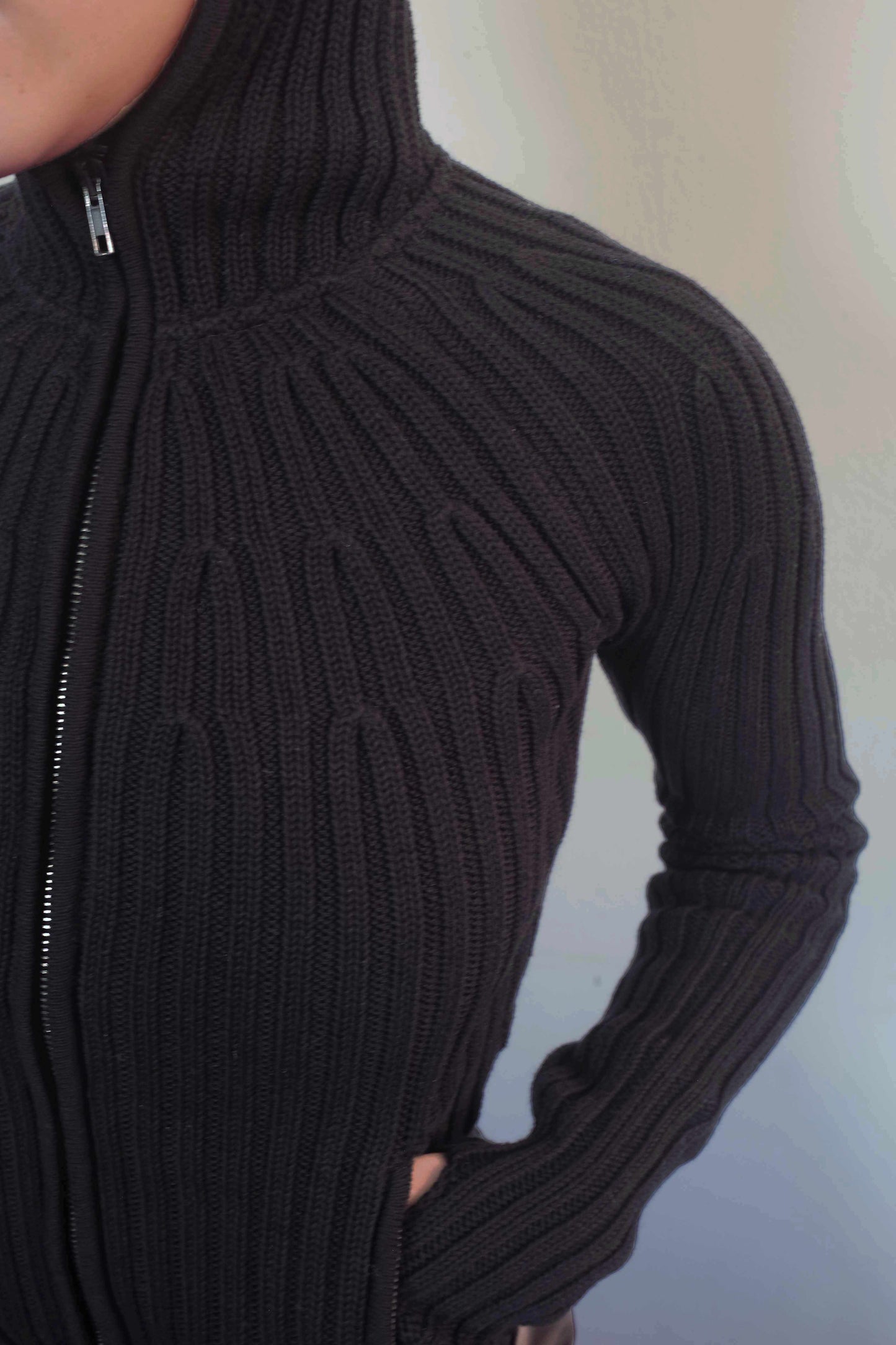 Ribbed knit 2-way zip hoodie