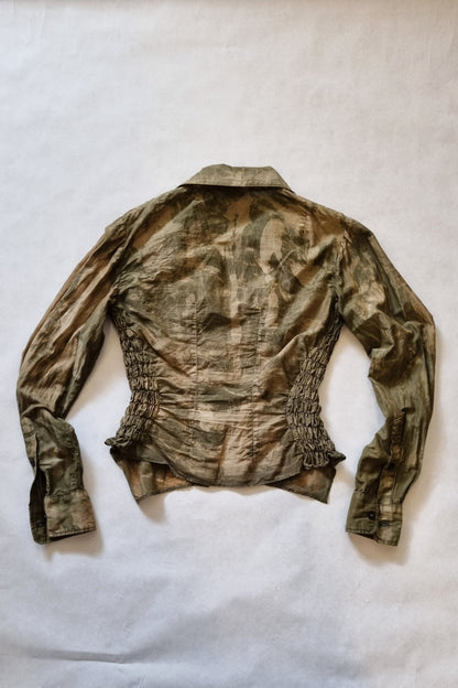 back picture Double Collar Voile Shirt Hand Dyed Silk Cotton with Long Sleeves & Shirred Waist & hook and eye