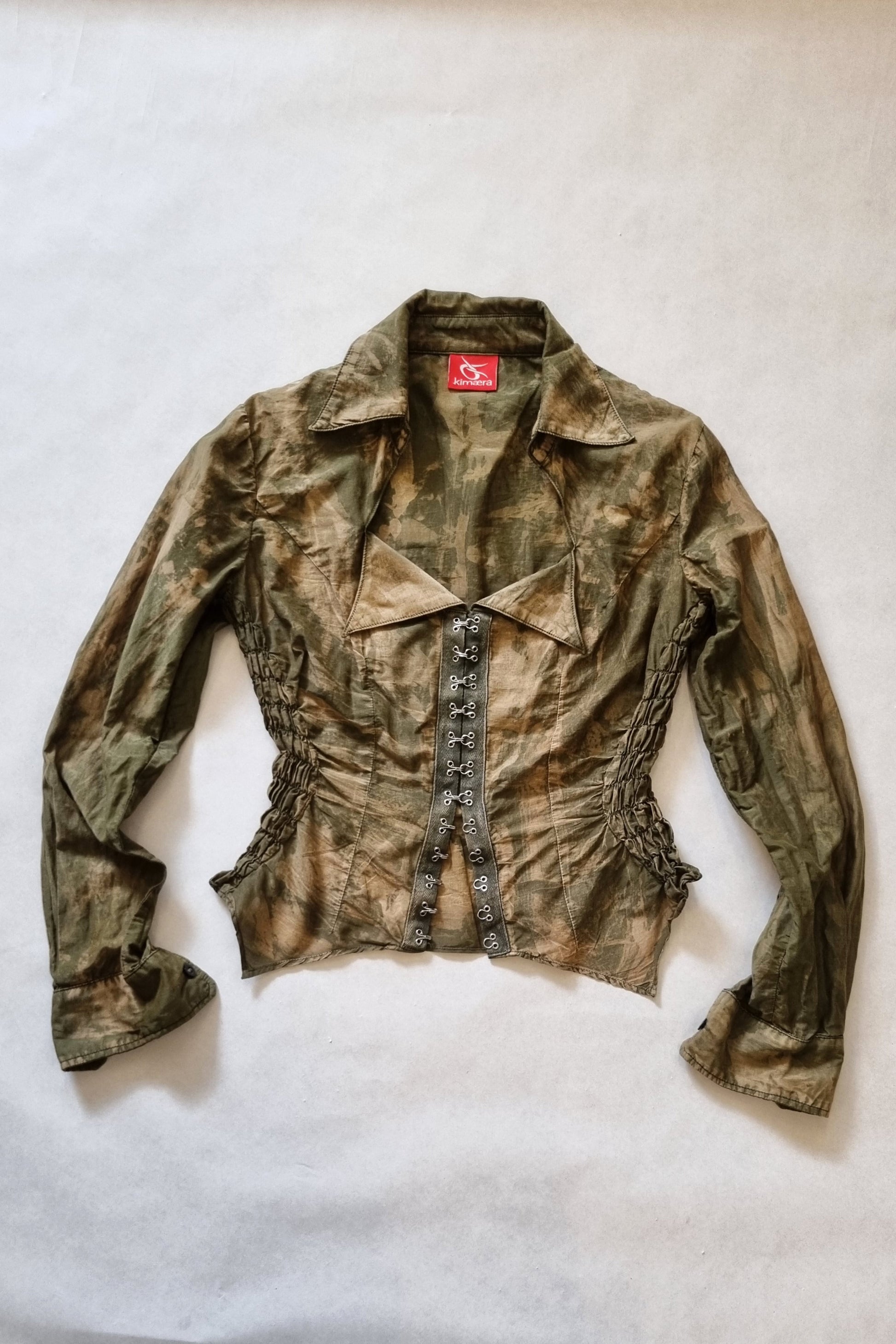 flat picture of Double Collar Voile Shirt Hand Dyed Silk Cotton with Long Sleeves & Shirred Waist & hook and eye