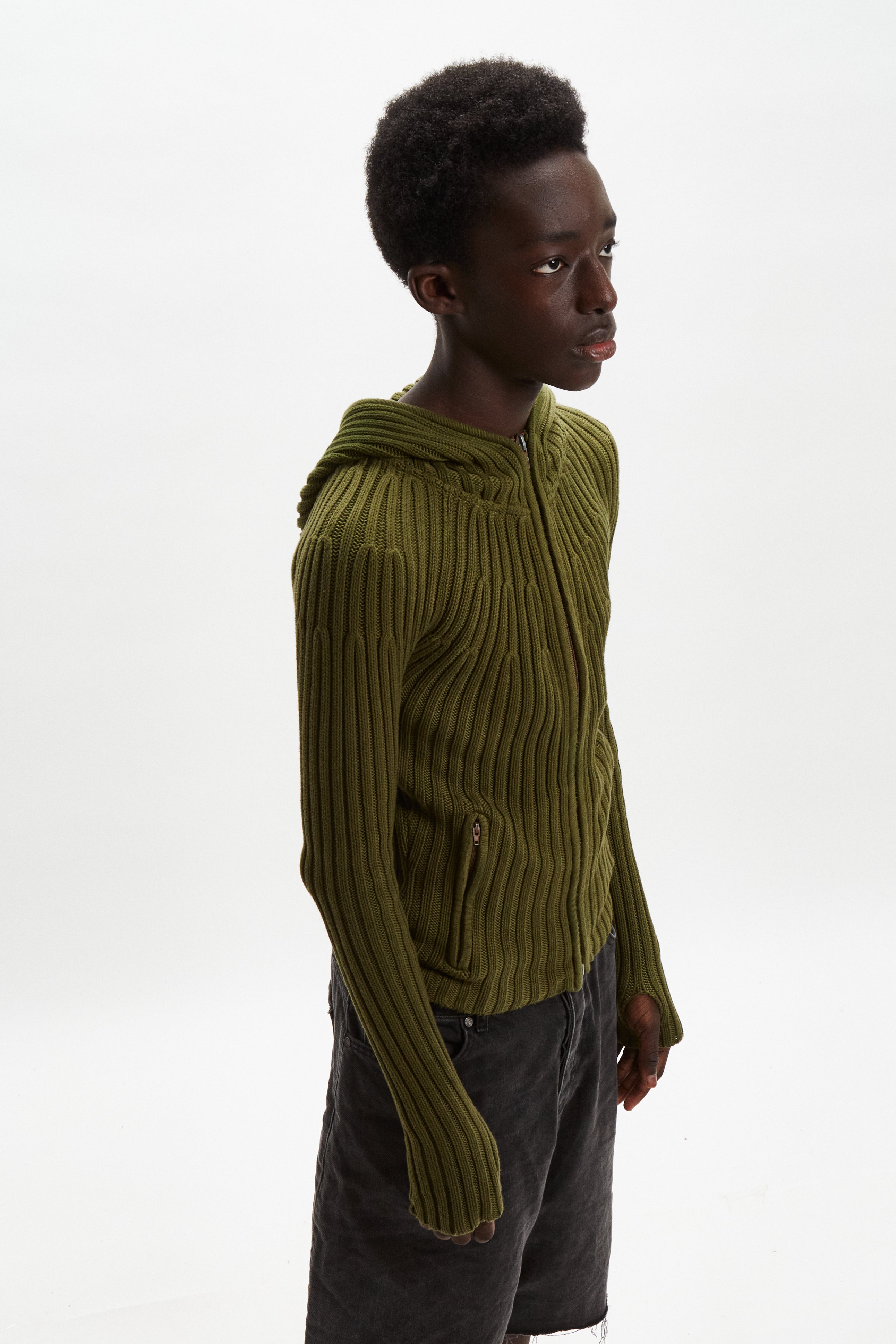 Ribbed Knit 2-way Zip Hoodie - Olive Green – Kimæra store