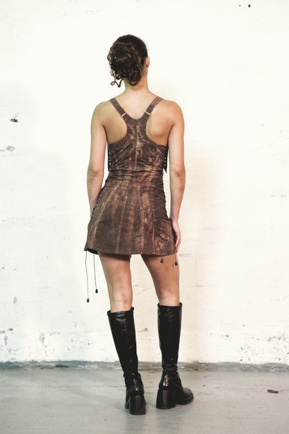 back of model wearing Patina Strap Dress – Hand-Dyed Corset Fit in Deadstock Cotton